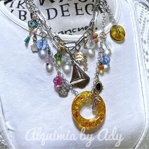 Amber resin brass chunky layered multi charms necklace